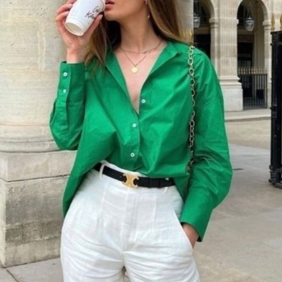 Zara Oversized Poplin Green Shirt - Picture 2 of 7